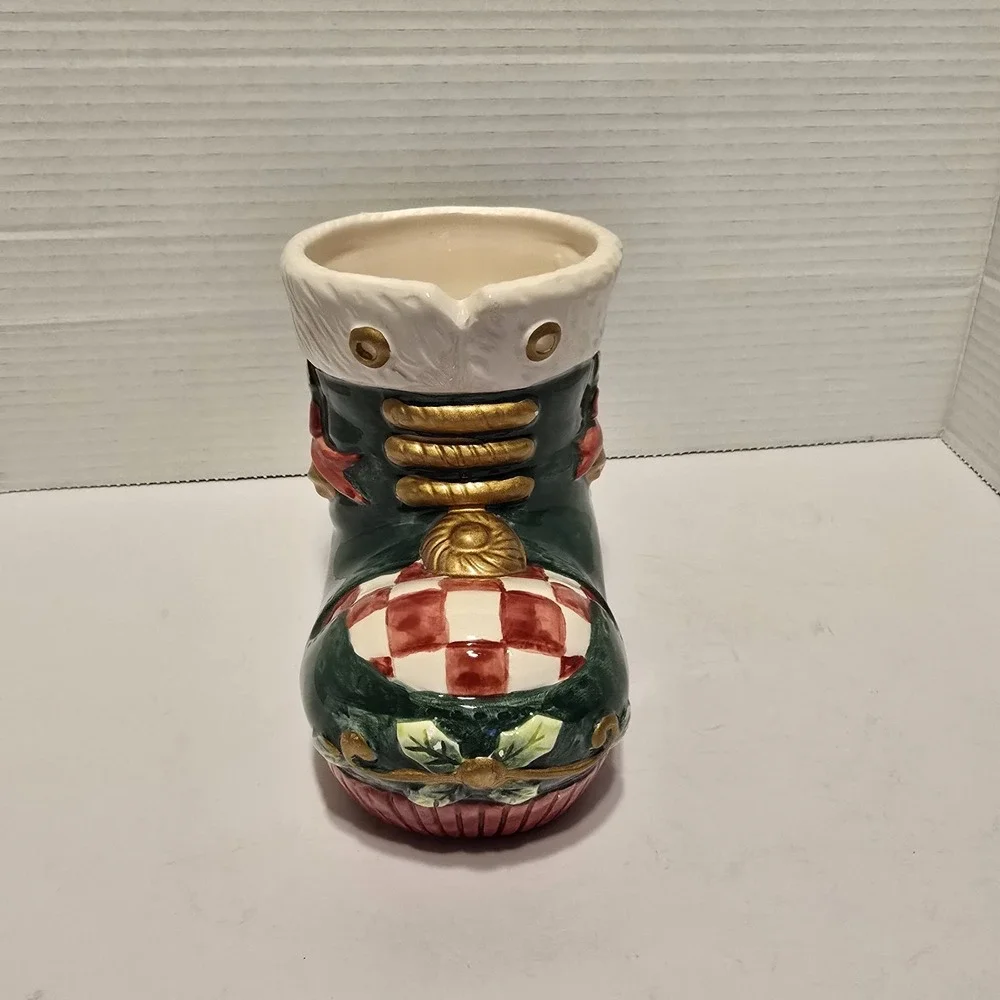 Vintage Christmas Santa Boot Ceramic Planter Candy Dish Green Red Checkered Bell